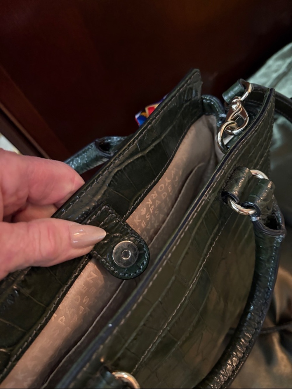 kate spade New York dark green croc-embossed leather satchel with colorful bow - Picture 9 of 10